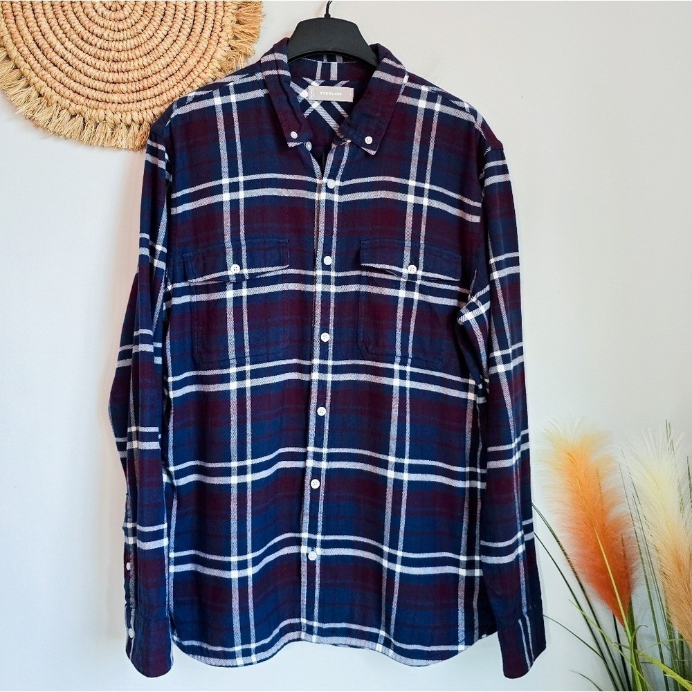 Everlane Men's Navy Red The Brushed Button Down Flannel Shirt SZ Large Rugged - Picture 10 of 10